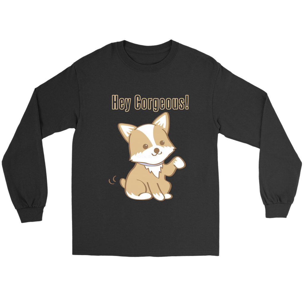 A black, long sleeved t shirt with corgi waiving it's paw and it says "Hey Corgeous" in yellow text.