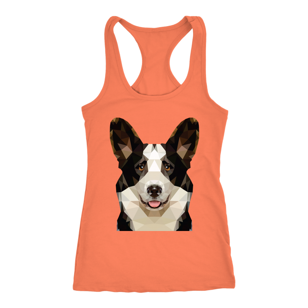 A racerback tank top with a cardigan corgi made of polygonal art. The tank is light orange.