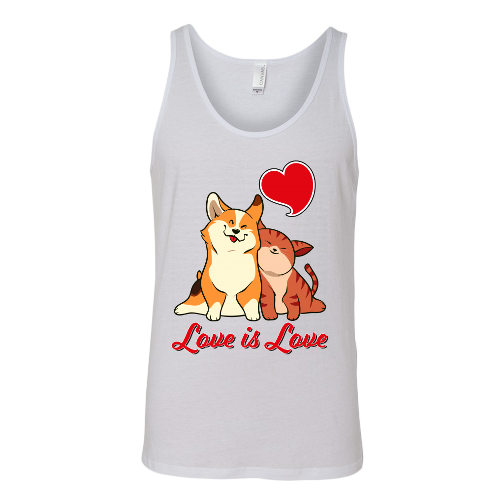 A unisex tank top with a corgi snuggling a cat. The text says "Love is Love" and the tank top is white.