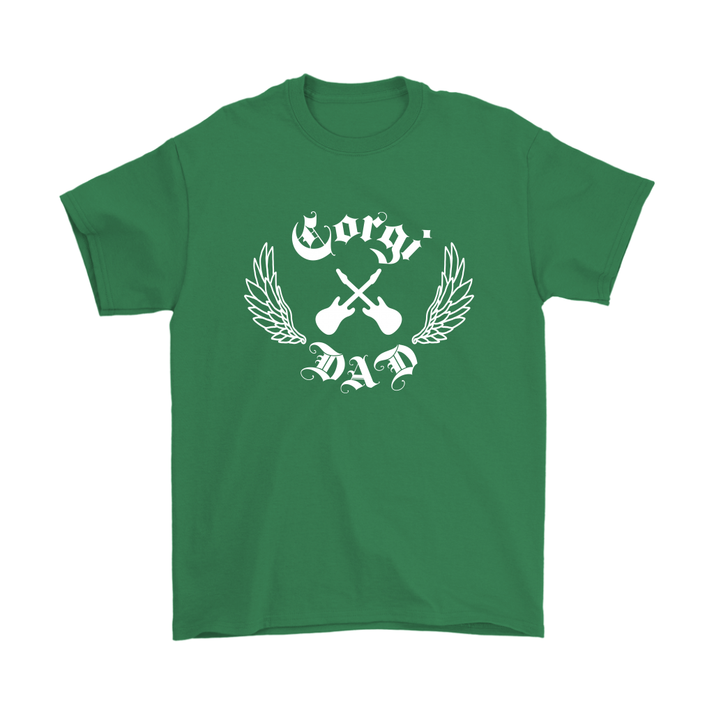 A green shirt with the text "Corgi Dad" in a gothic style font with guitars and wings.