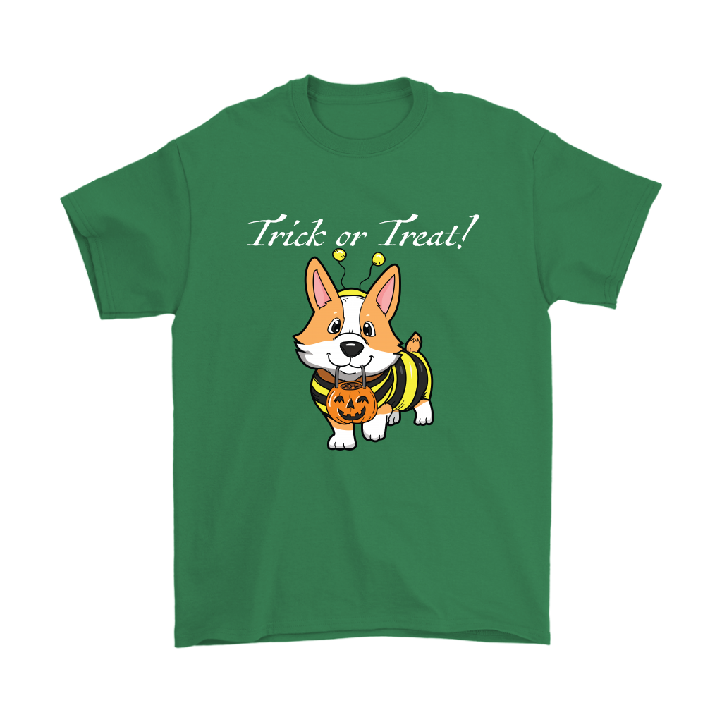 A shirt with a fawn corgi wearing a bumblebee costume with the text "Trick or Treat!". Shirt is green.