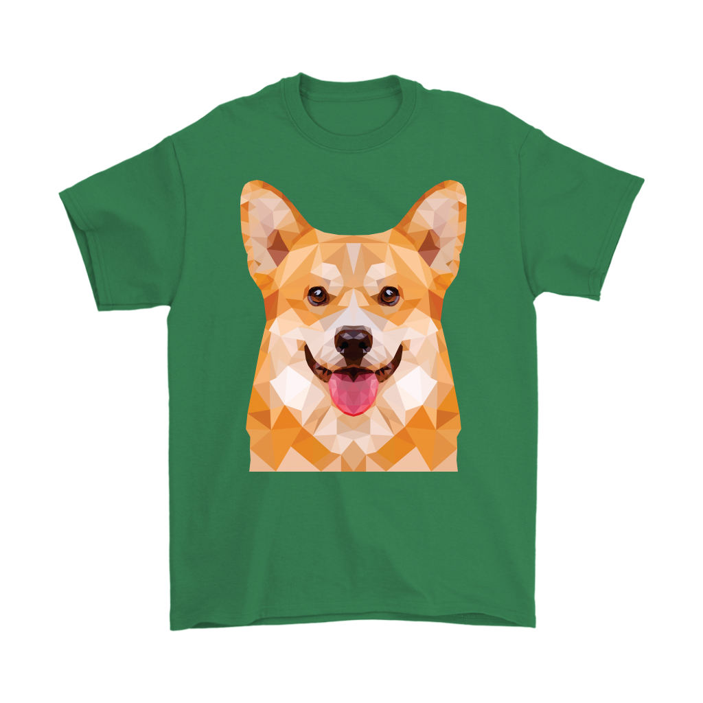 Polygonal fawn corgi face shirt, in green.