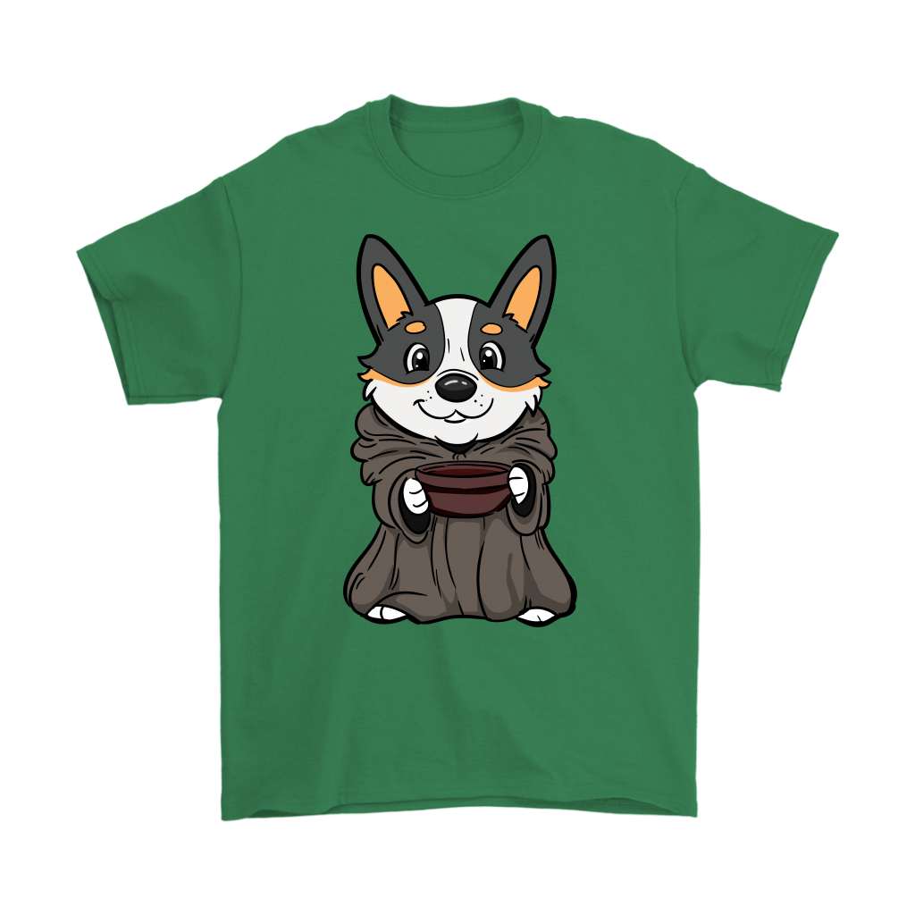 Cute corgi dressed as baby yoda - green shirt