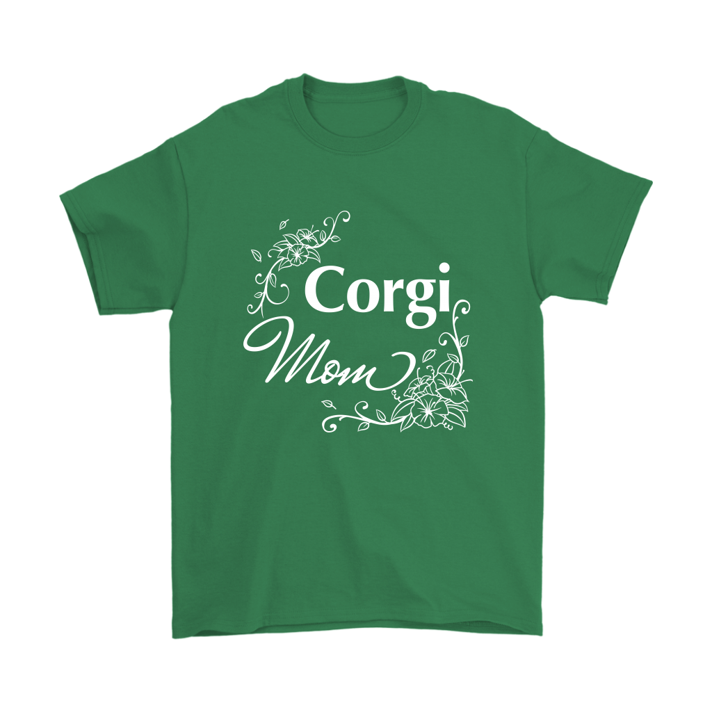 "Corgi Mom" shirt in green. The text has a flowery font.