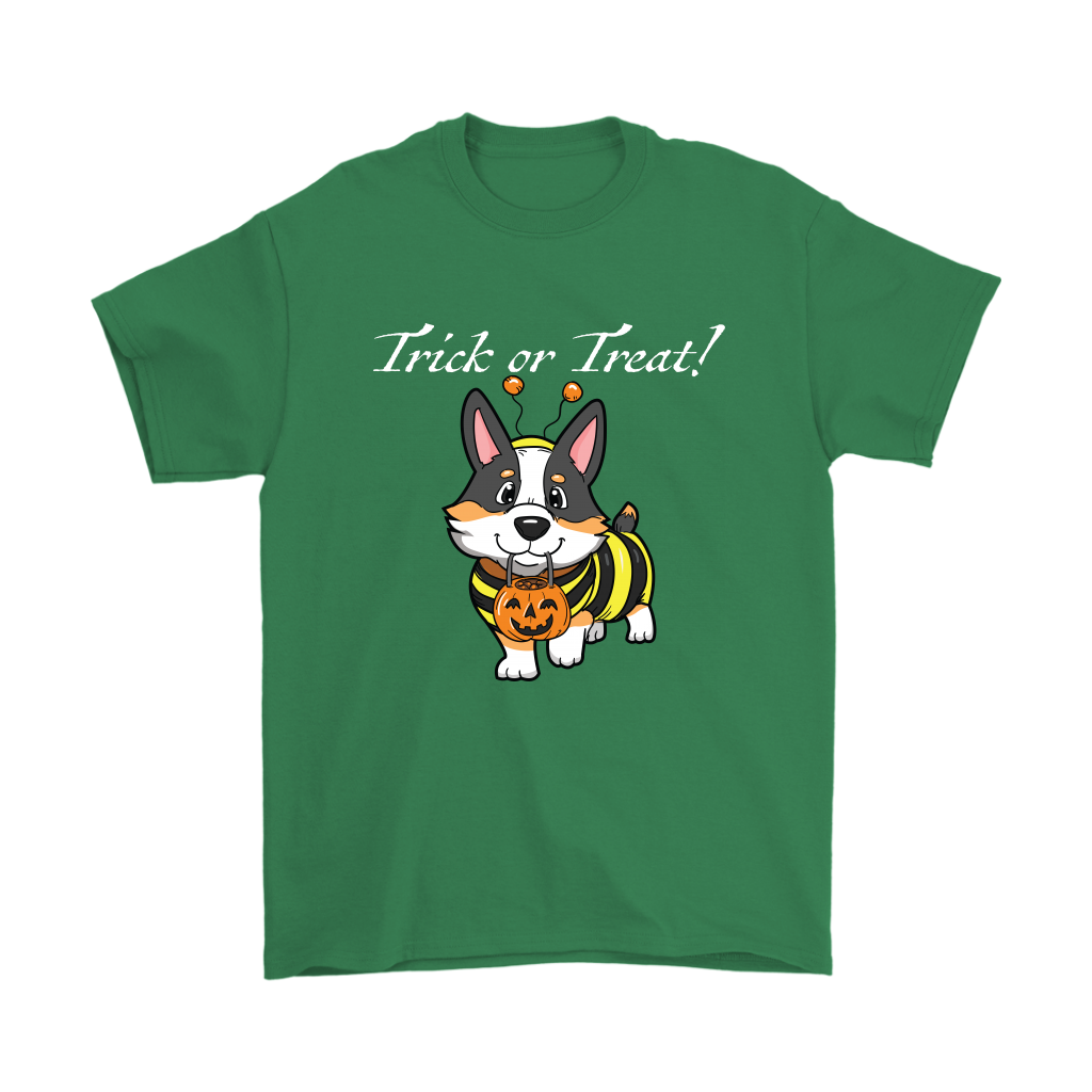 A t shirt with a tricolor corgi wearing a bumblebee costume. The text says "Trick or Treat" and the shirt is green.