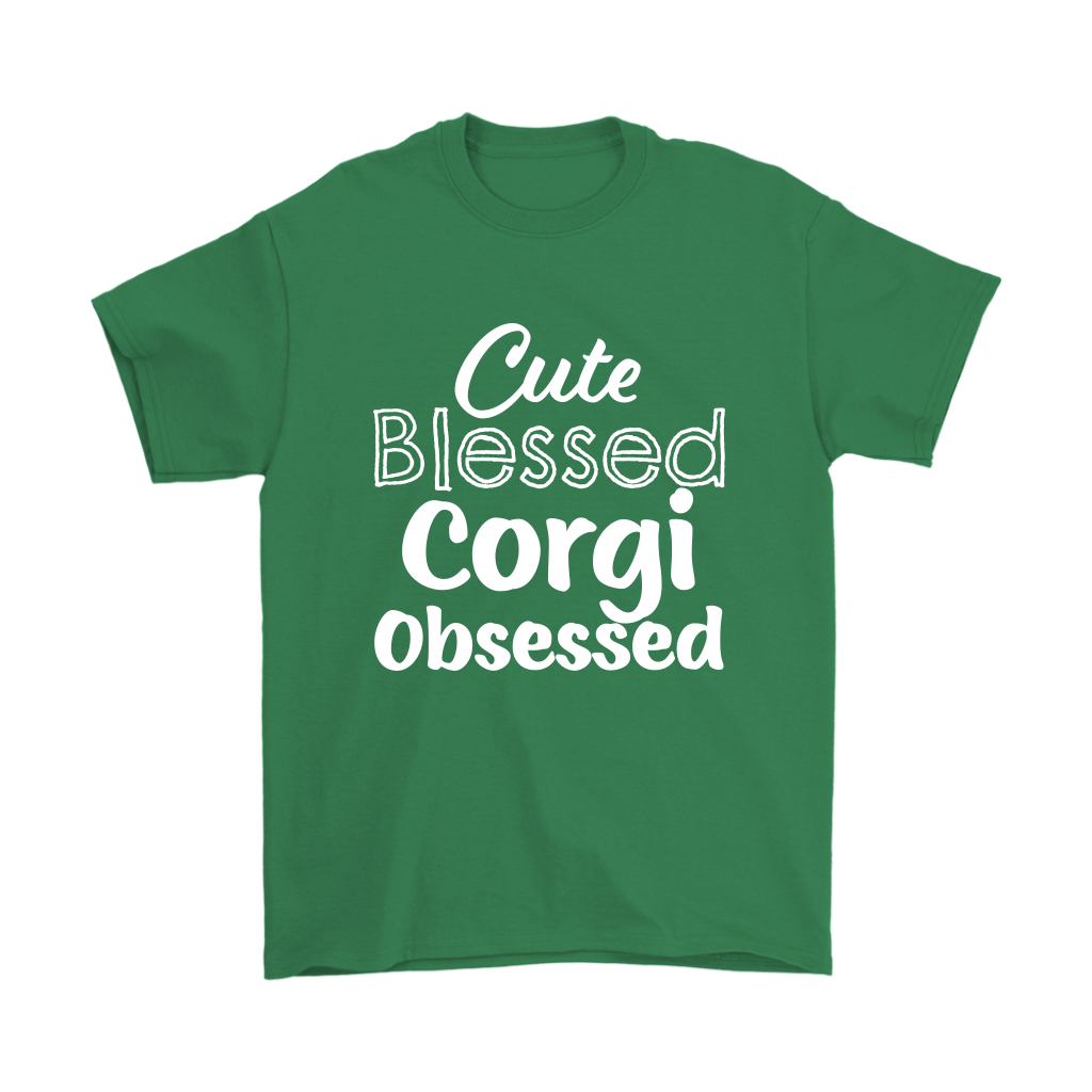 Green shirt with the text: Cute Blessed Corgi Obsessed 