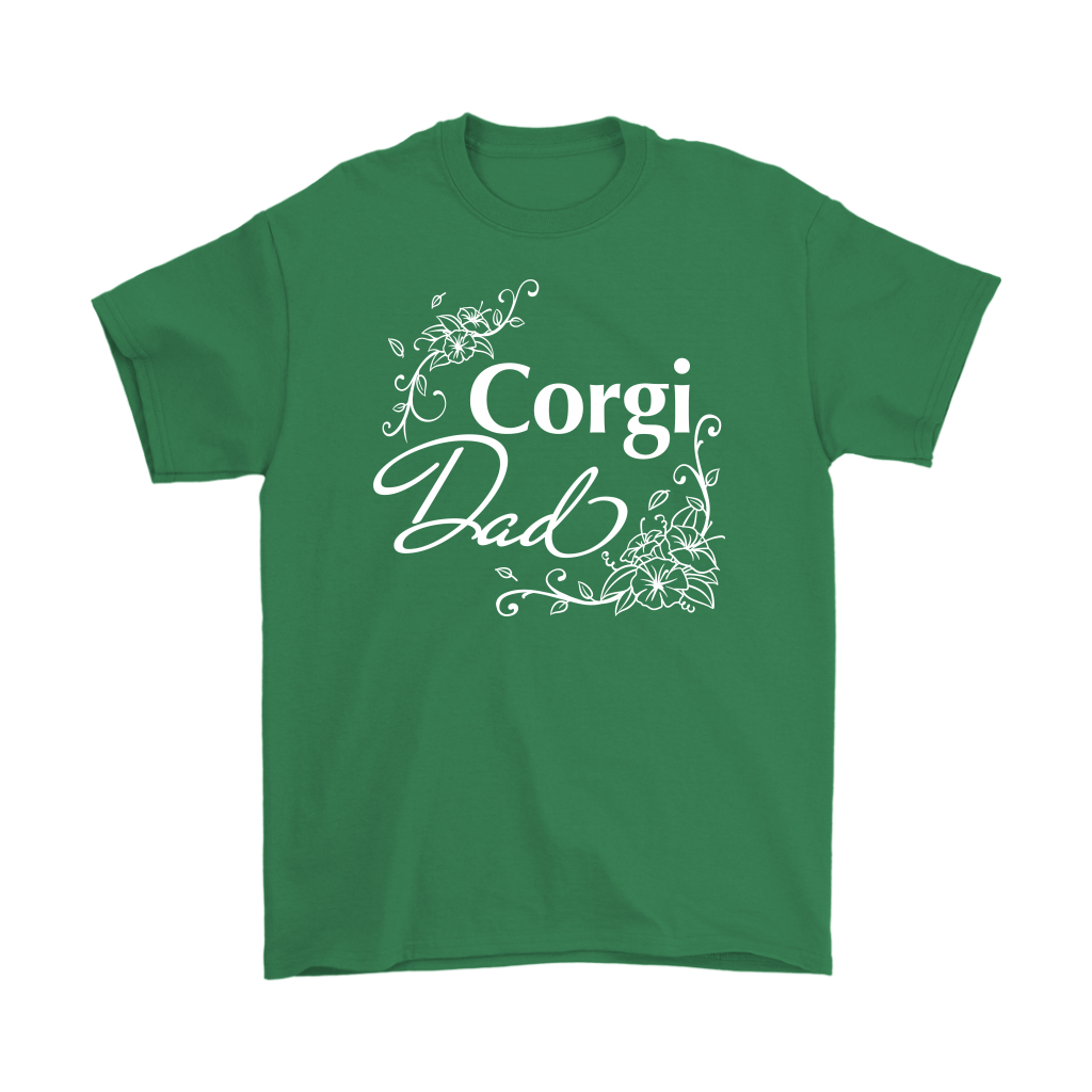 "Corgi Dad" shirt in green. The text has a flowery font.