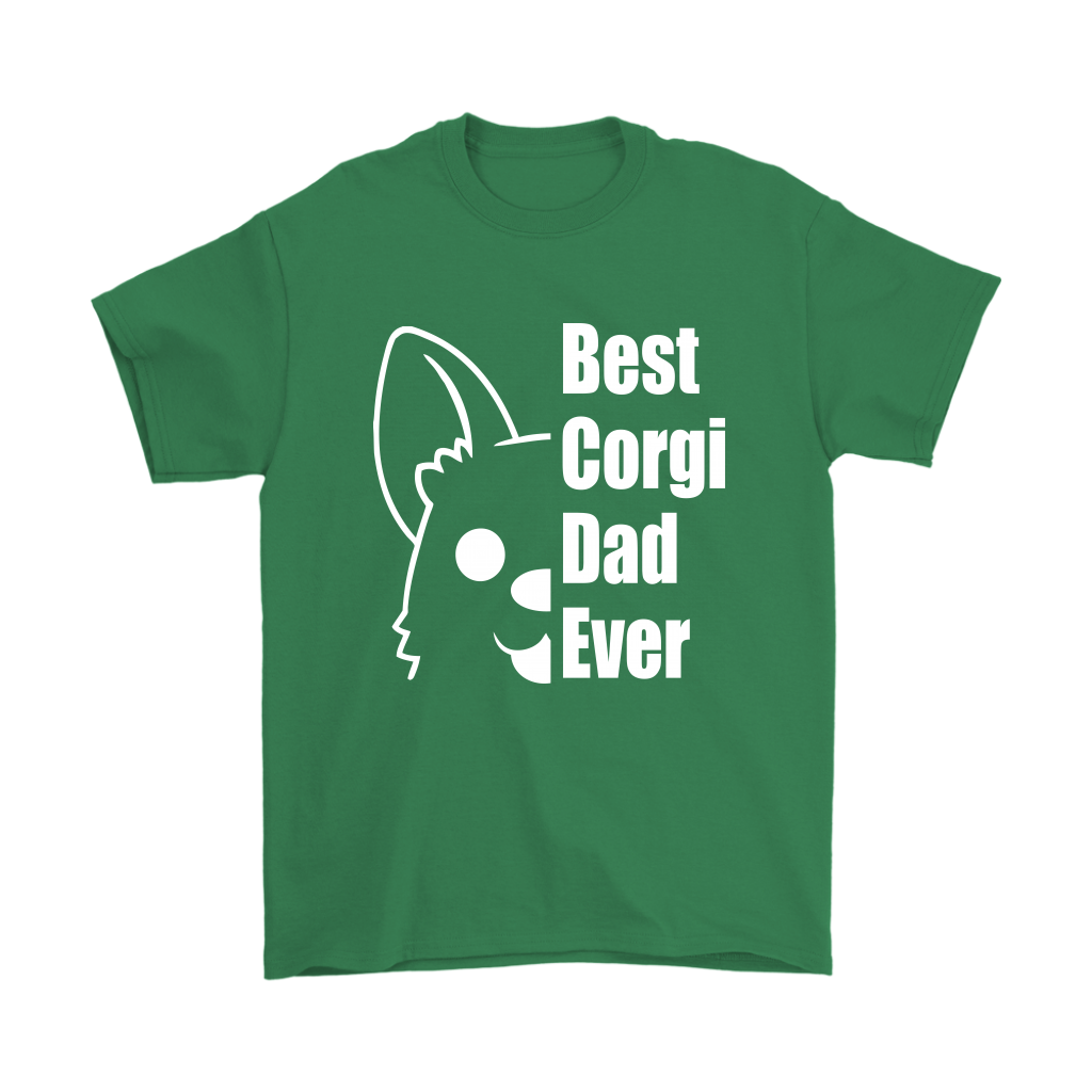 Green shirt with half of a corgi's face and the text "Best corgi dad ever"