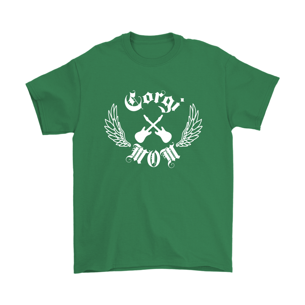 A green shirt with the text "Corgi Mom" in a gothic style font with guitars and wings.