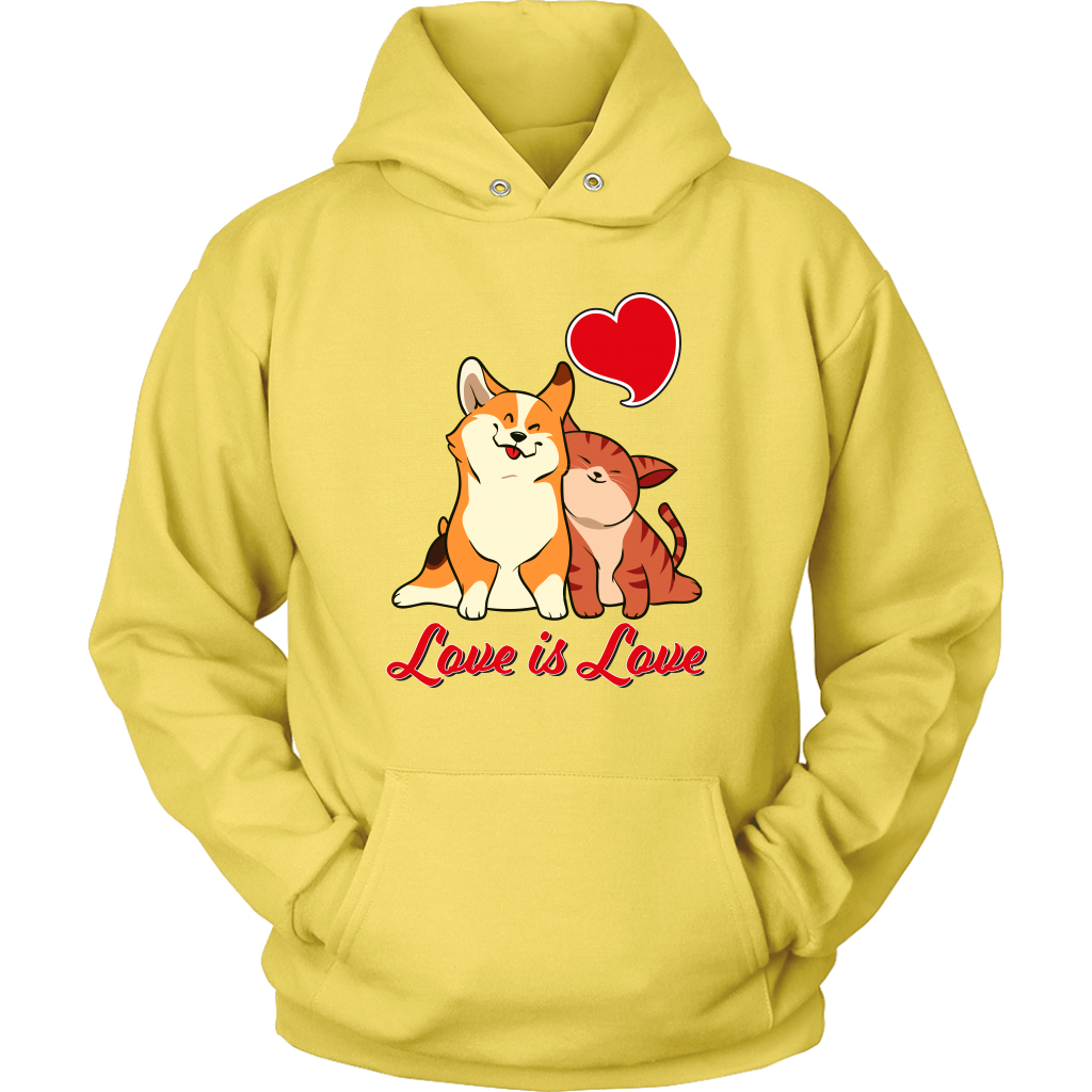 Our "Love is Love" hoodie in yellow. 