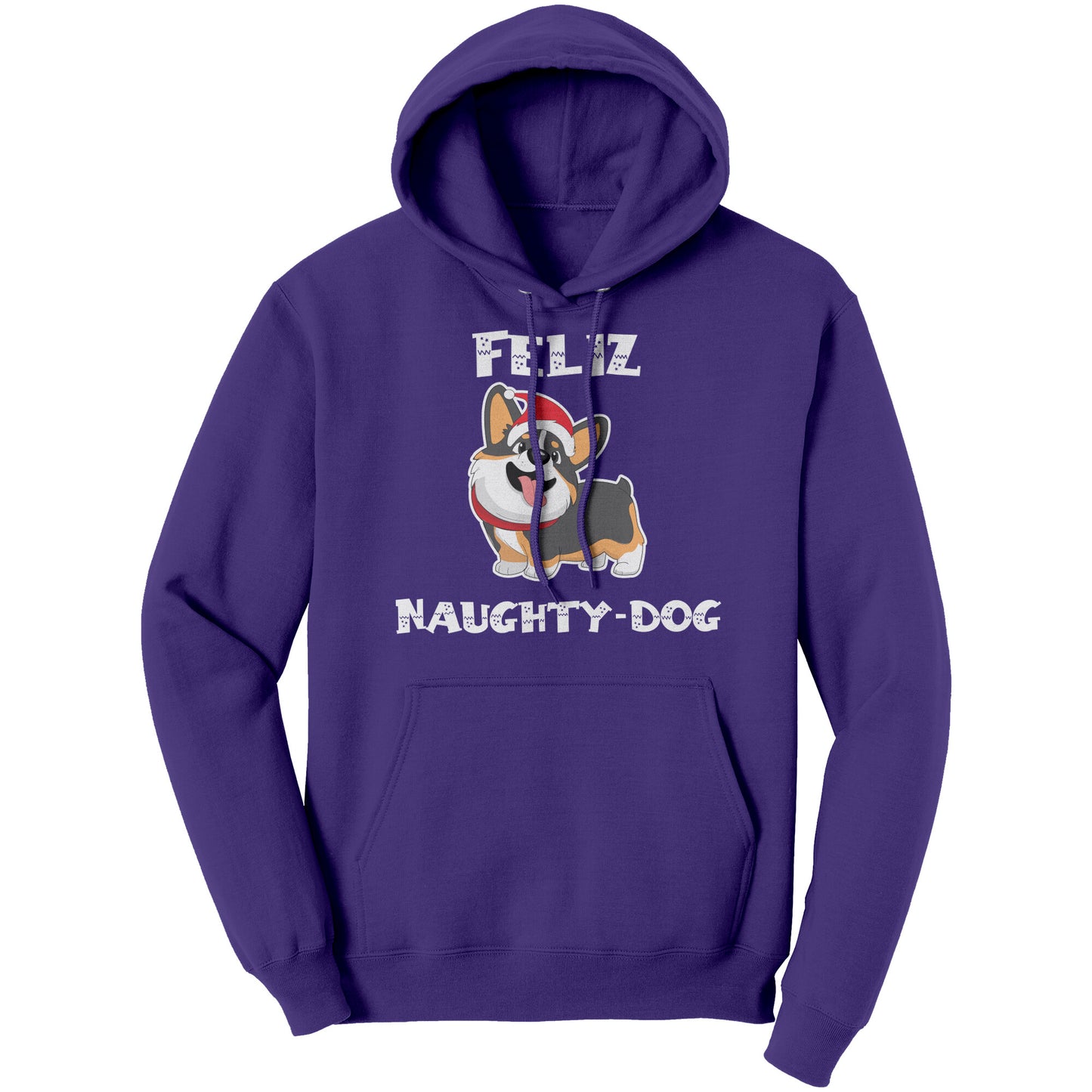 A purple hoodie that says "Feliz Naught-Dog" and has a smiling tricolor corgi wearing a Santa hat on it.