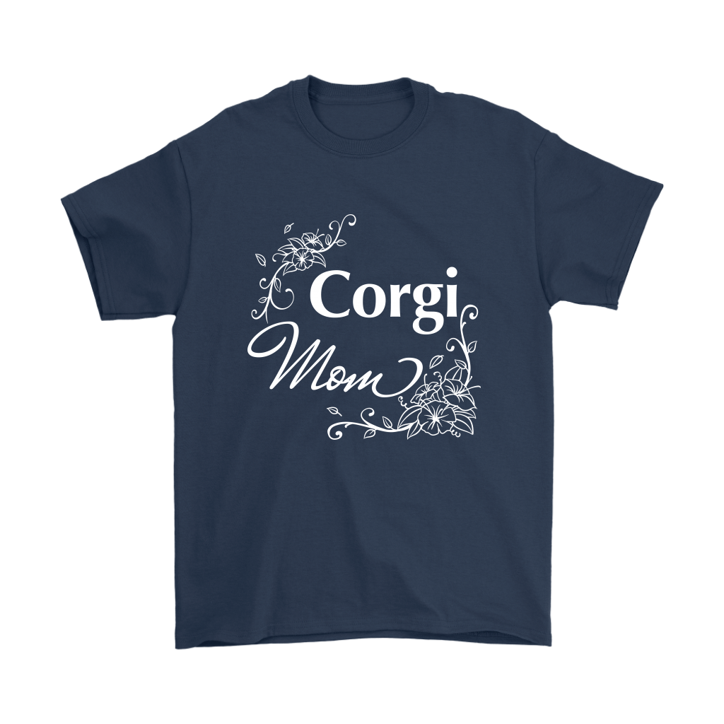 "Corgi Mom" shirt in navy. The text has a flowery font.