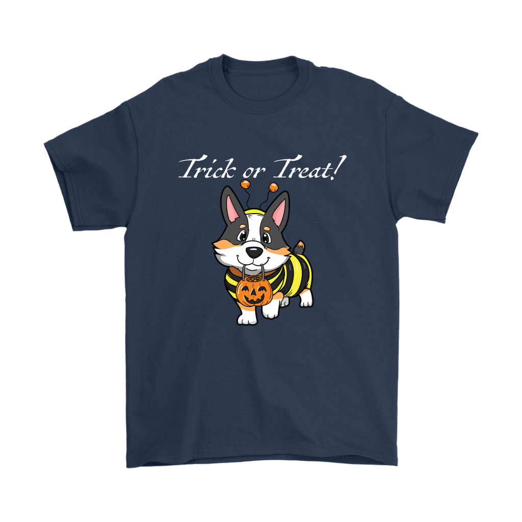 A t shirt with a tricolor corgi wearing a bumblebee costume. The text says "Trick or Treat" and the shirt is dark blue.