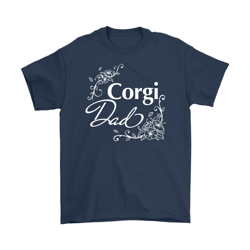 "Corgi Dad" shirt in dark blue. The text has a flowery font.