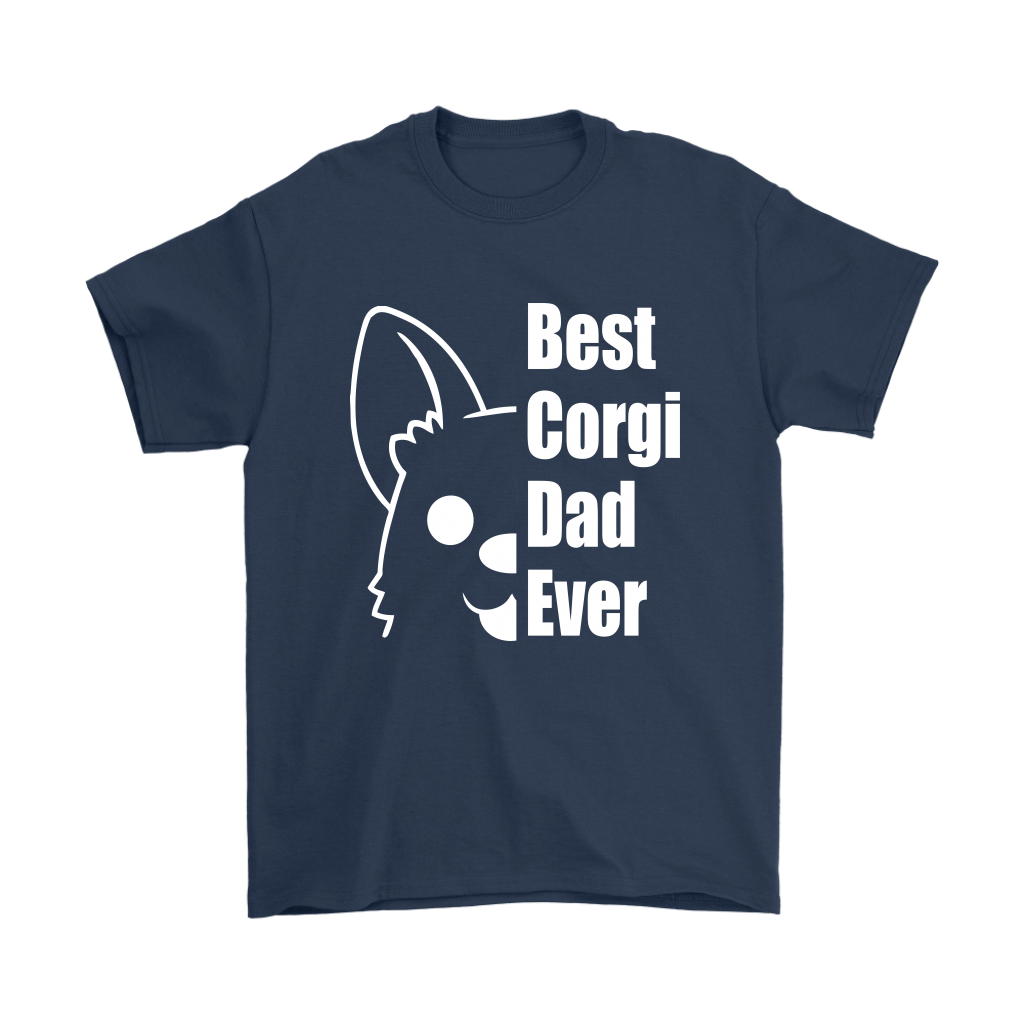 Dark blue shirt with half of a corgi's face and the text "Best corgi dad ever"