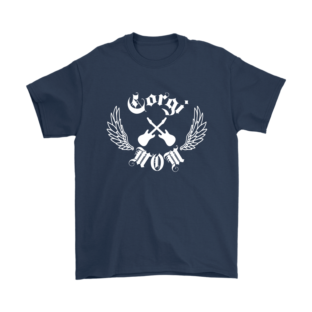 A navy colored shirt with the text "Corgi Mom" in a gothic style font with guitars and wings.