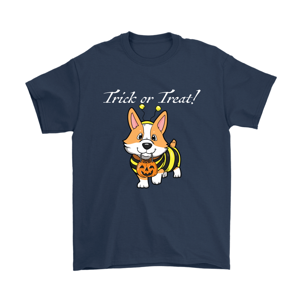 A shirt with a fawn corgi wearing a bumblebee costume with the text "Trick or Treat!". Shirt is dark blue.