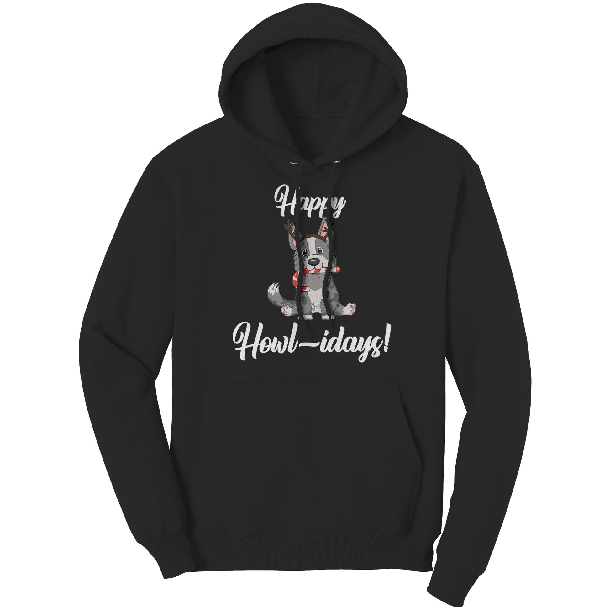 A black hoodie that has a cardigan corgi on it. The corgi is wearing fake reindeer horns and is holding a candy cane in its mouth. The text says "Happy Howl-idays".