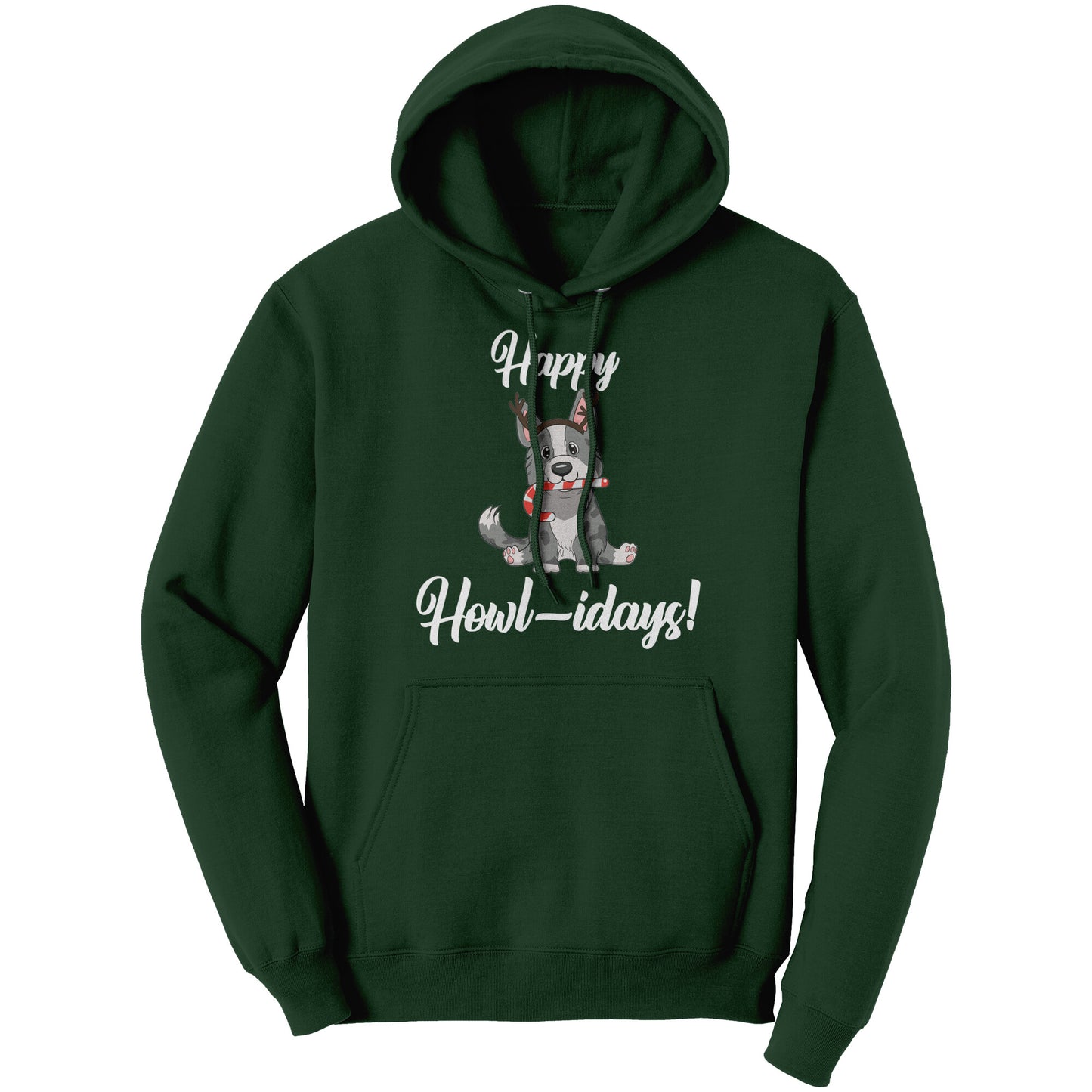 A green hoodie that has a cardigan corgi on it. The corgi is wearing fake reindeer horns and is holding a candy cane in its mouth. The text says "Happy Howl-idays".