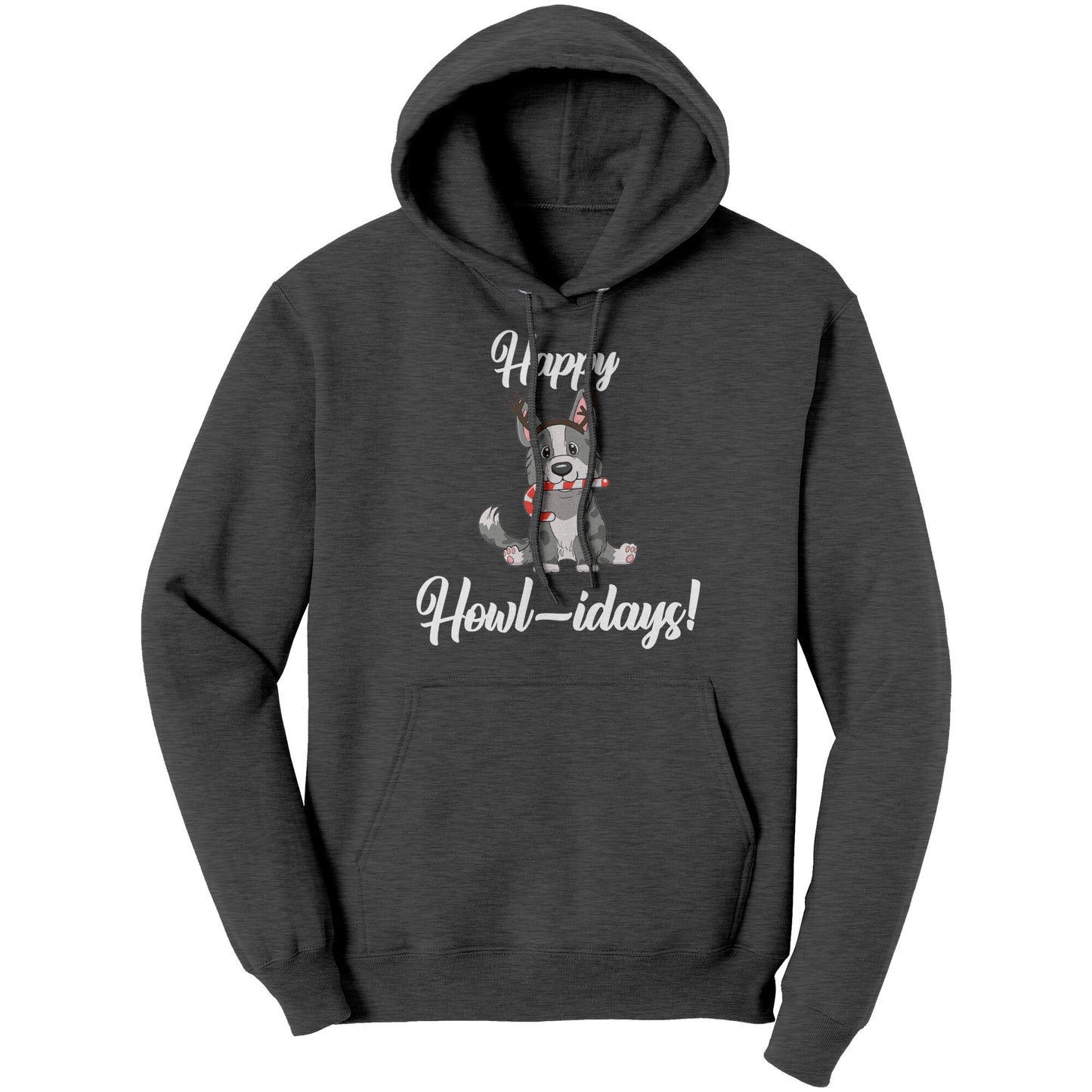 A dark-heather-colored hoodie that has a cardigan corgi on it. The corgi is wearing fake reindeer horns and is holding a candy cane in its mouth. The text says "Happy Howl-idays".