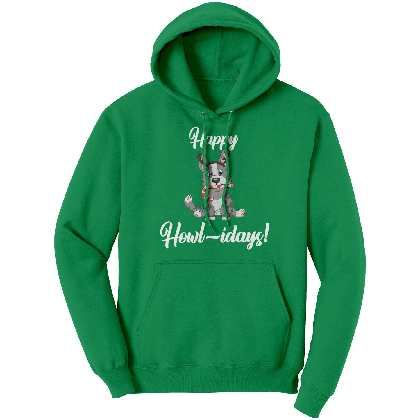 A green hoodie that has a cardigan corgi on it. The corgi is wearing fake reindeer horns and is holding a candy cane in its mouth. The text says "Happy Howl-idays".