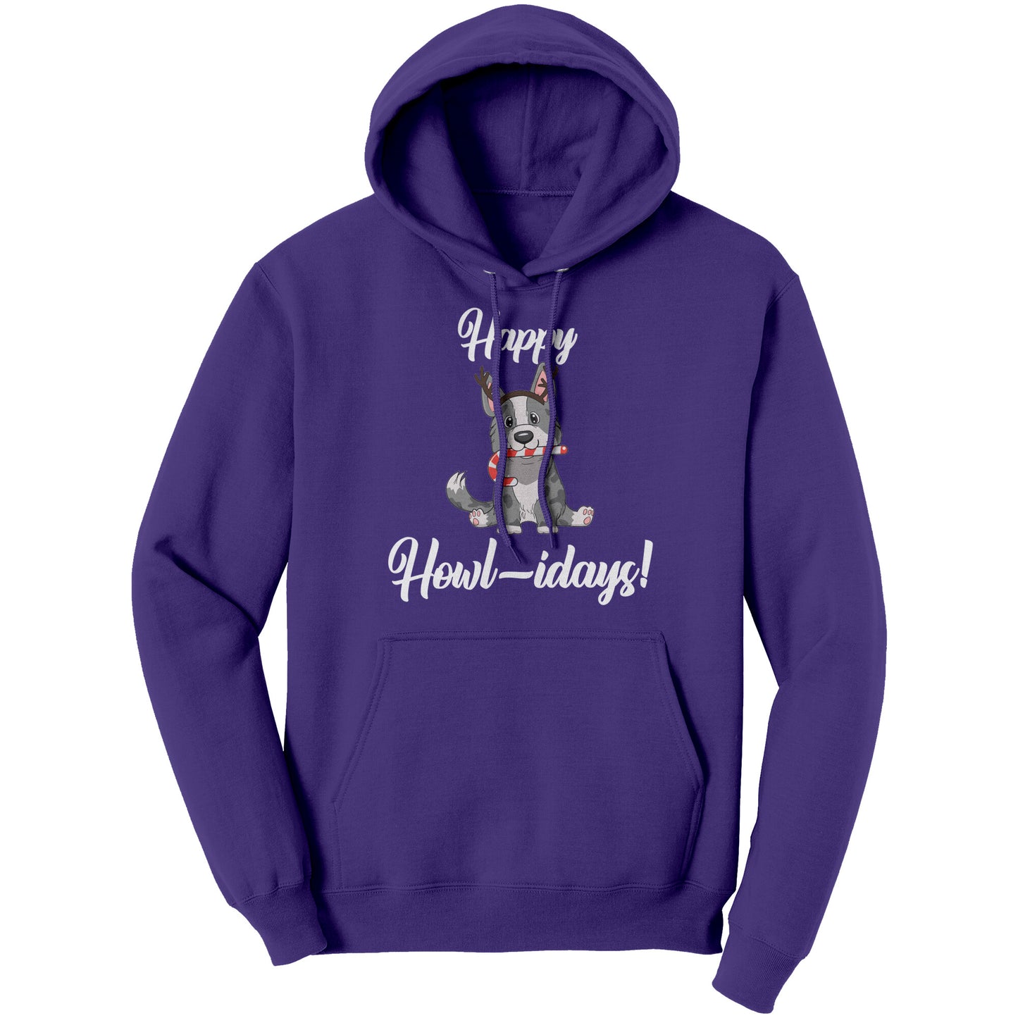 A purple hoodie that has a cardigan corgi on it. The corgi is wearing fake reindeer horns and is holding a candy cane in its mouth. The text says "Happy Howl-idays".