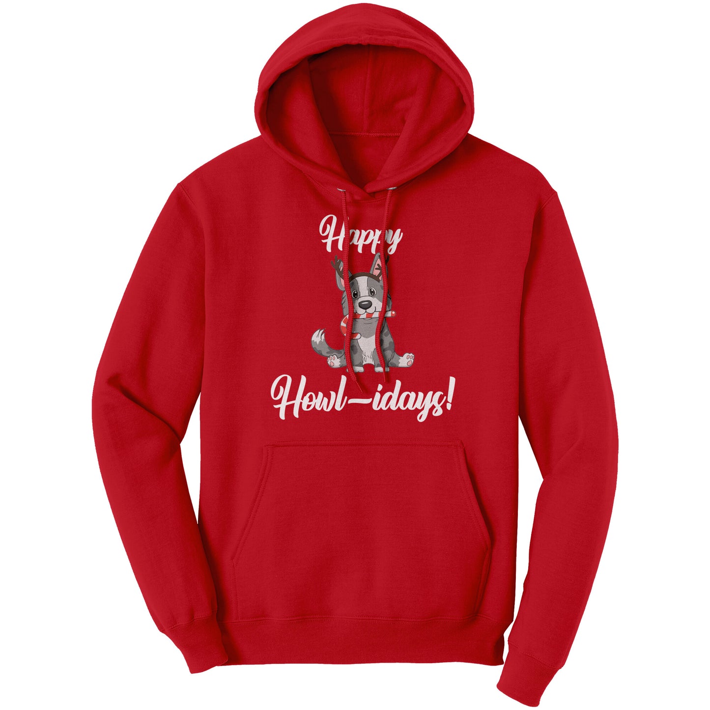 A red hoodie that has a cardigan corgi on it. The corgi is wearing fake reindeer horns and is holding a candy cane in its mouth. The text says "Happy Howl-idays".