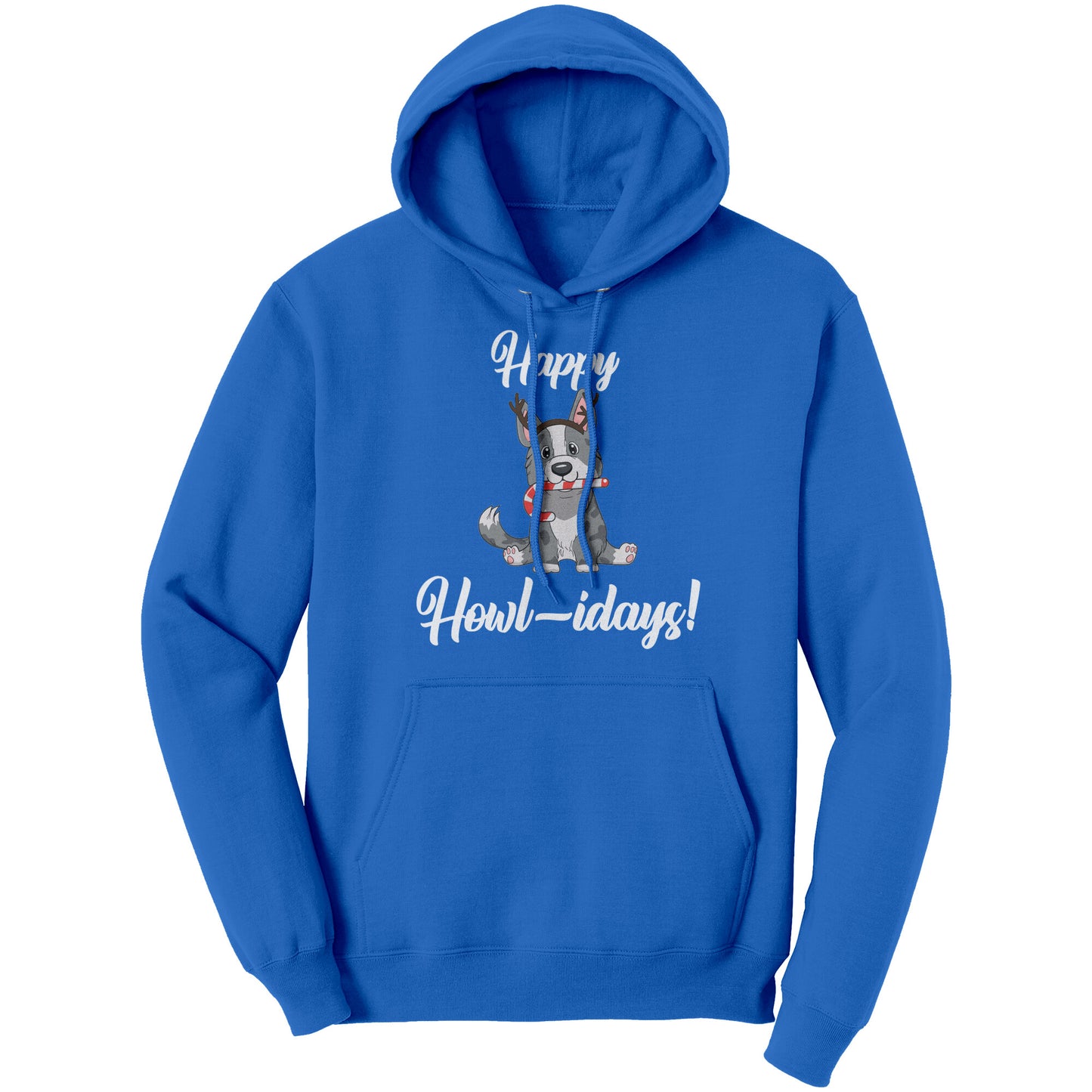 A blue hoodie that has a cardigan corgi on it. The corgi is wearing fake reindeer horns and is holding a candy cane in its mouth. The text says "Happy Howl-idays".