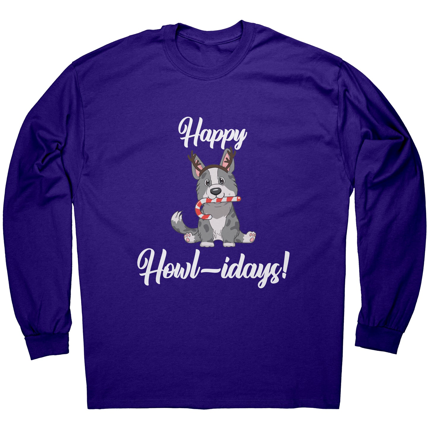 A purple long sleeved shirt that has a cardigan corgi on it. The corgi is wearing fake reindeer horns and is holding a candy cane in its mouth. The text says "Happy Howl-idays".