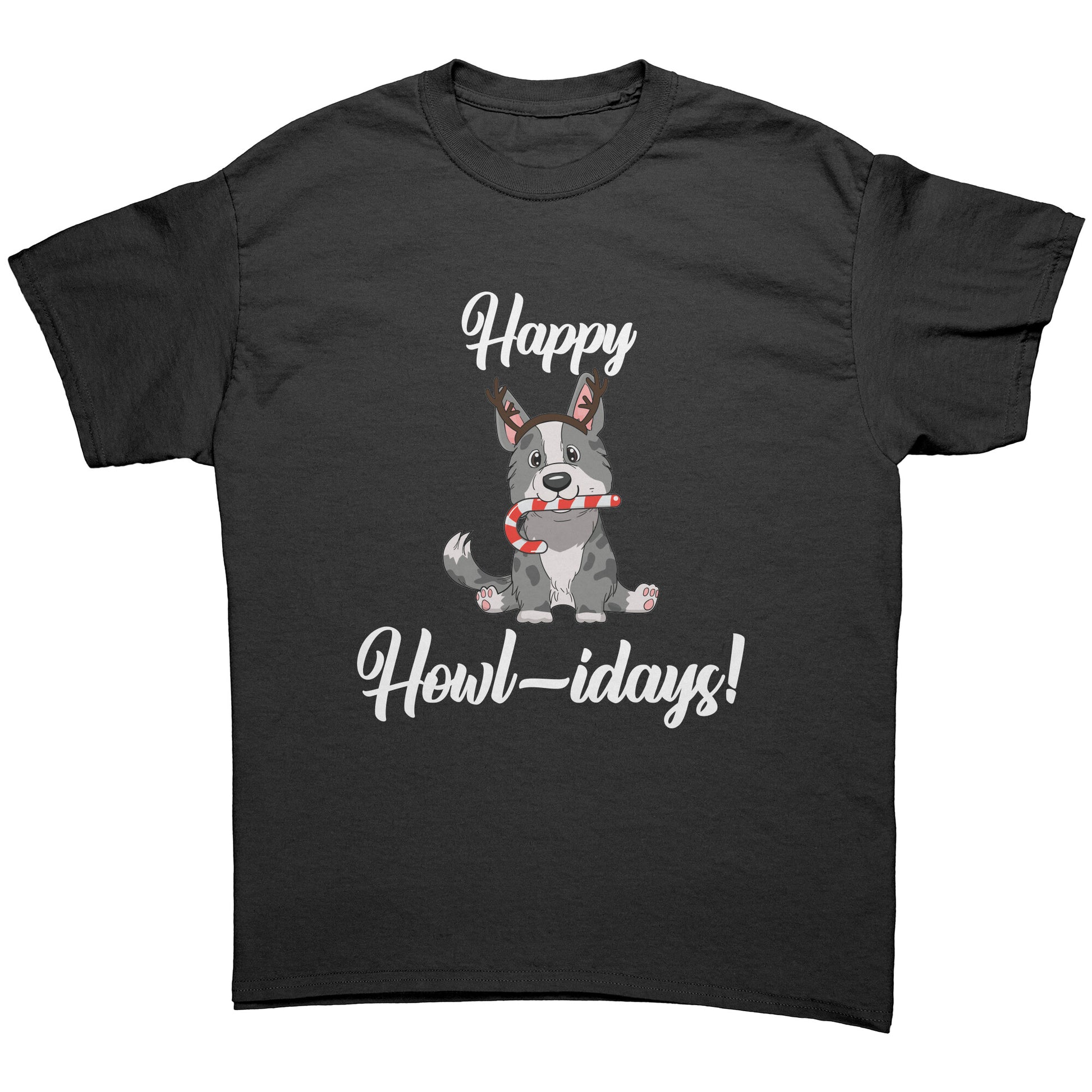 A black shirt that has a cardigan corgi on it. The corgi is wearing fake reindeer horns and is holding a candy cane in its mouth. The text says "Happy Howl-idays".