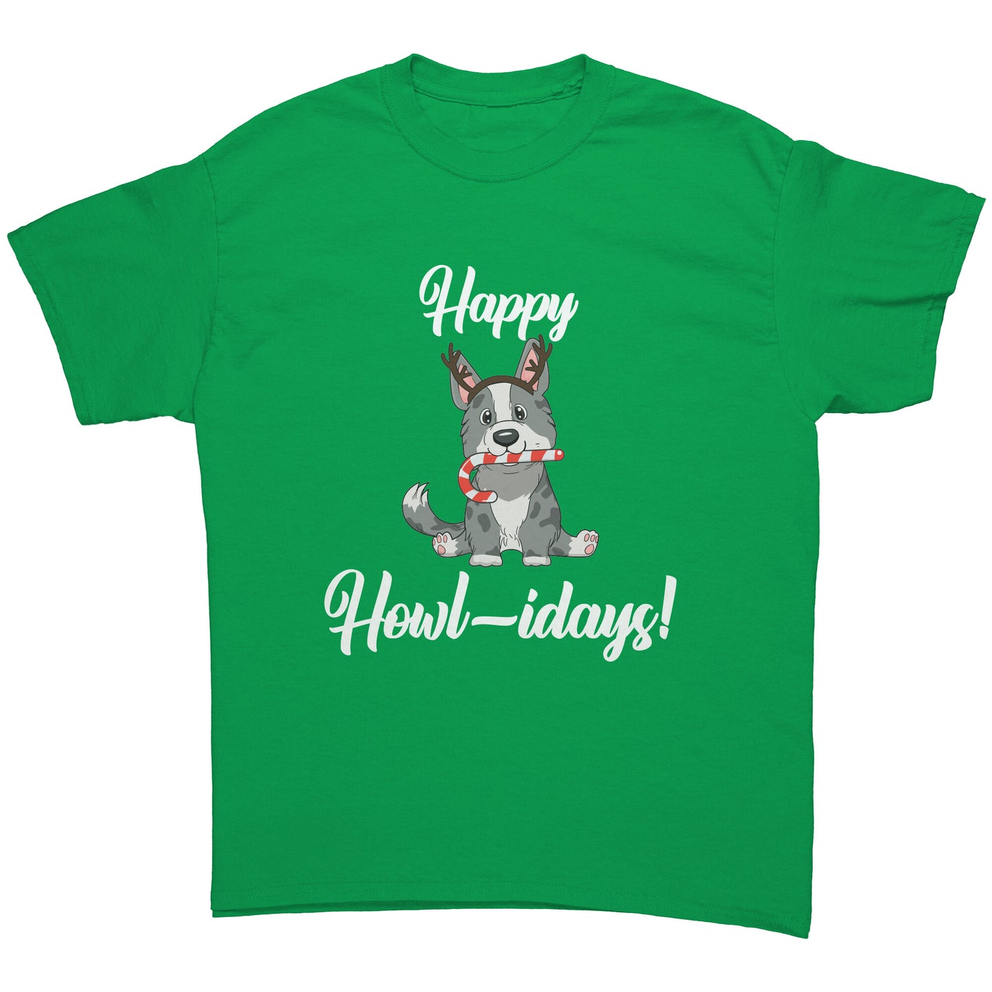 A green shirt that has a cardigan corgi on it. The corgi is wearing fake reindeer horns and is holding a candy cane in its mouth. The text says "Happy Howl-idays".