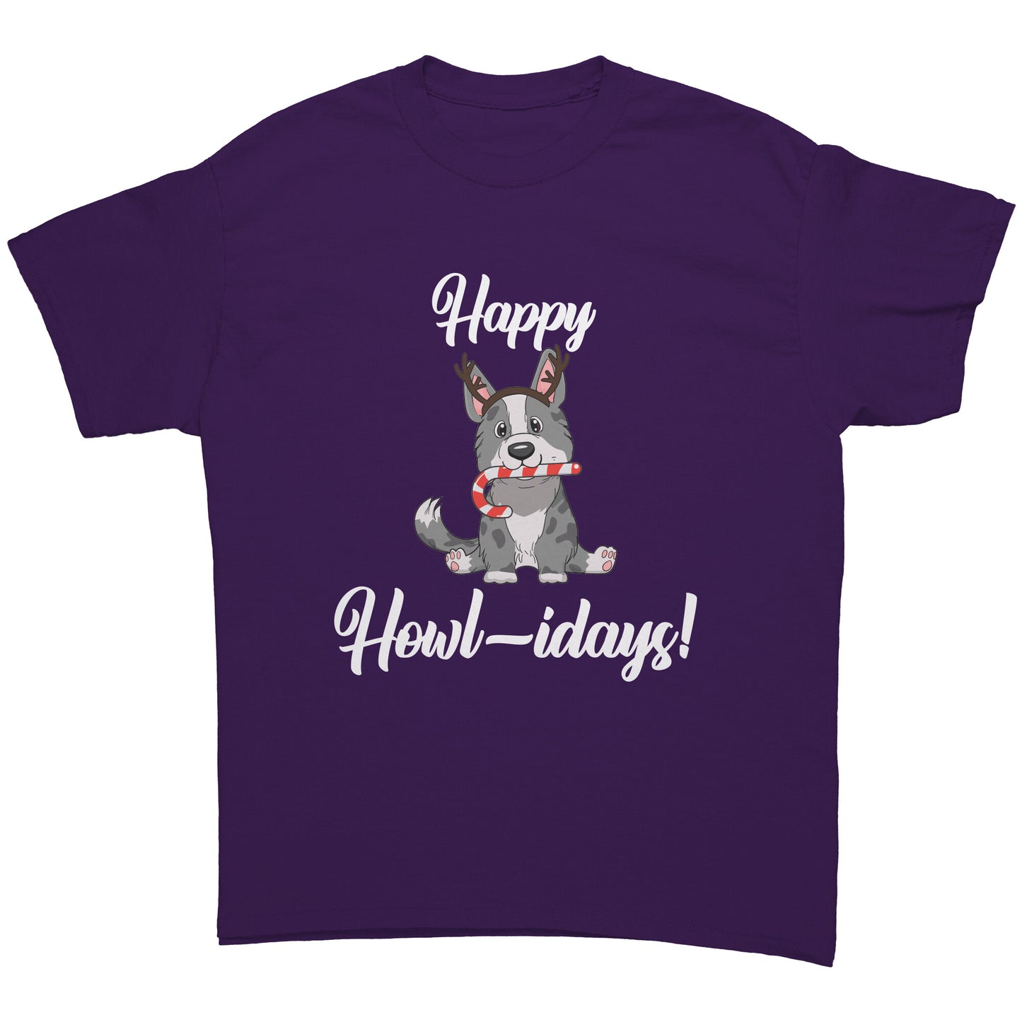 A purple shirt that has a cardigan corgi on it. The corgi is wearing fake reindeer horns and is holding a candy cane in its mouth. The text says "Happy Howl-idays".