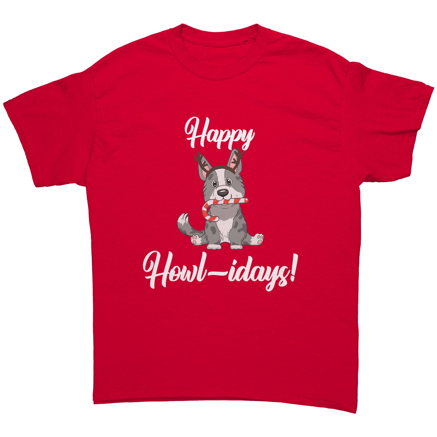 A red shirt that has a cardigan corgi on it. The corgi is wearing fake reindeer horns and is holding a candy cane in its mouth. The text says "Happy Howl-idays".