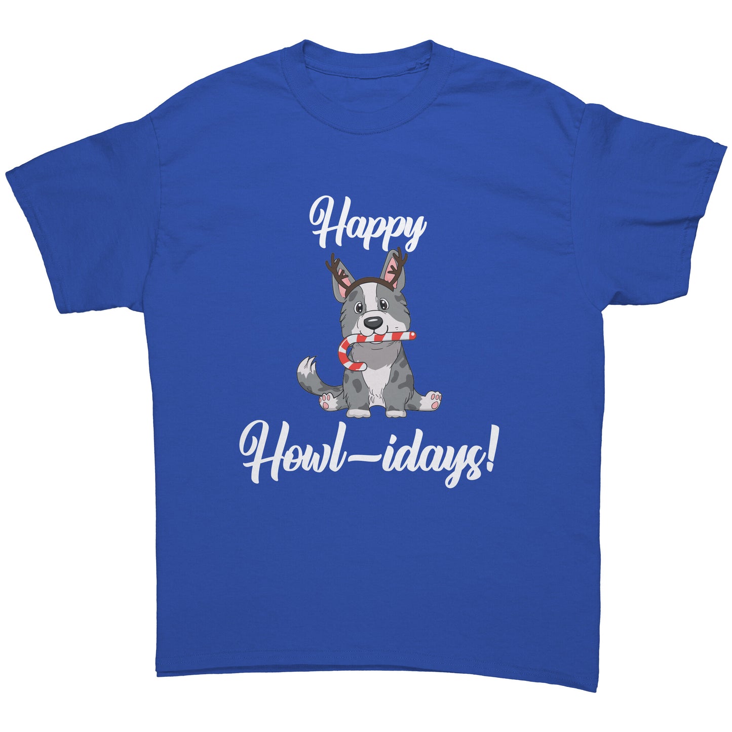 A blue shirt that has a cardigan corgi on it. The corgi is wearing fake reindeer horns and is holding a candy cane in its mouth. The text says "Happy Howl-idays".