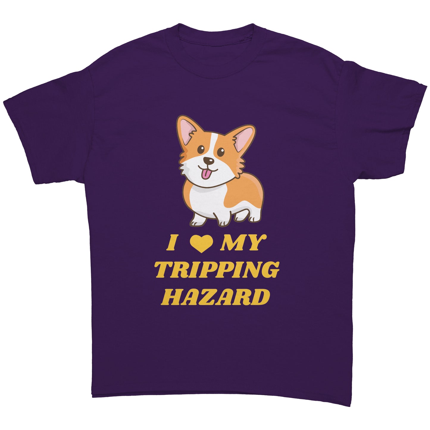 A flat lay of a shirt that purple and has a corgi with its tongue sticking out. The text on the shirt is yellow and says "I love my tripping hazard".