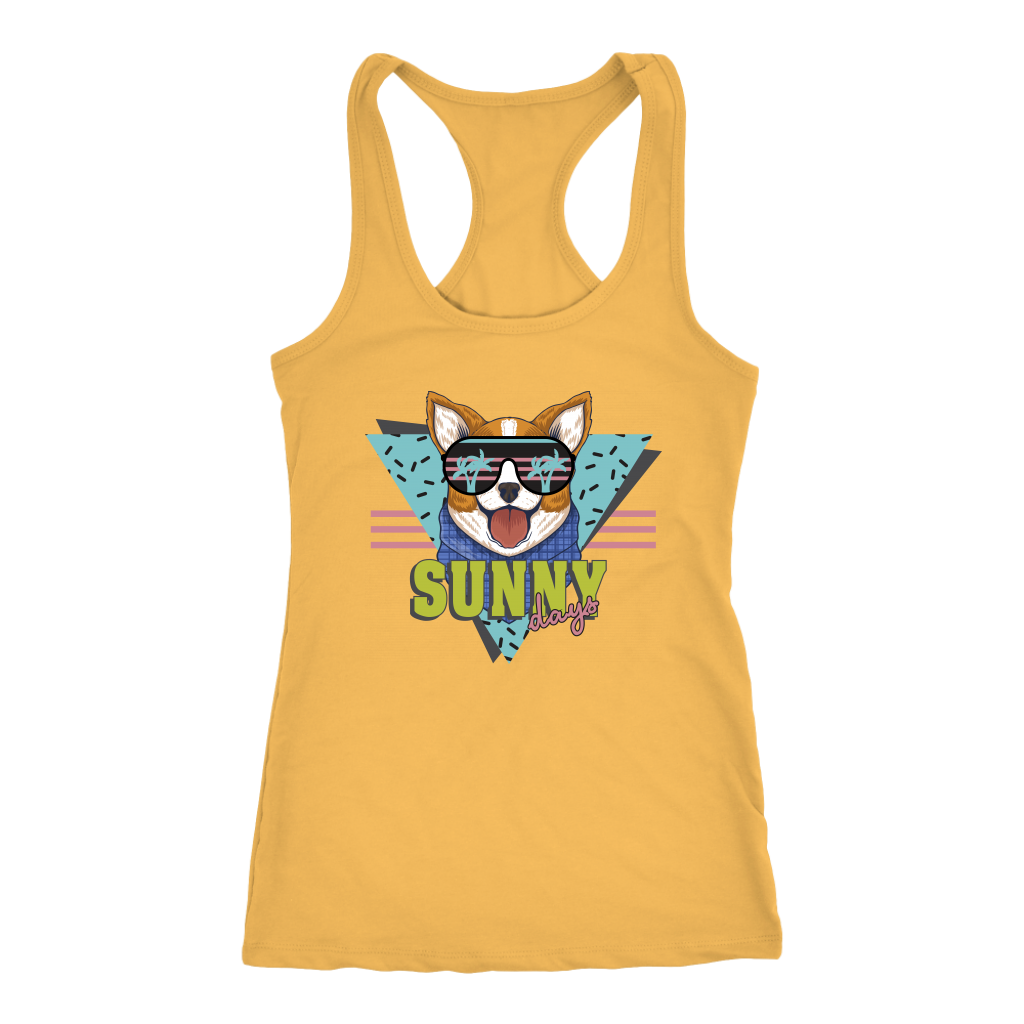 A racerback tank top with the text "Sunny Days" with a corgi's face above to the text. The tank top is yellow.