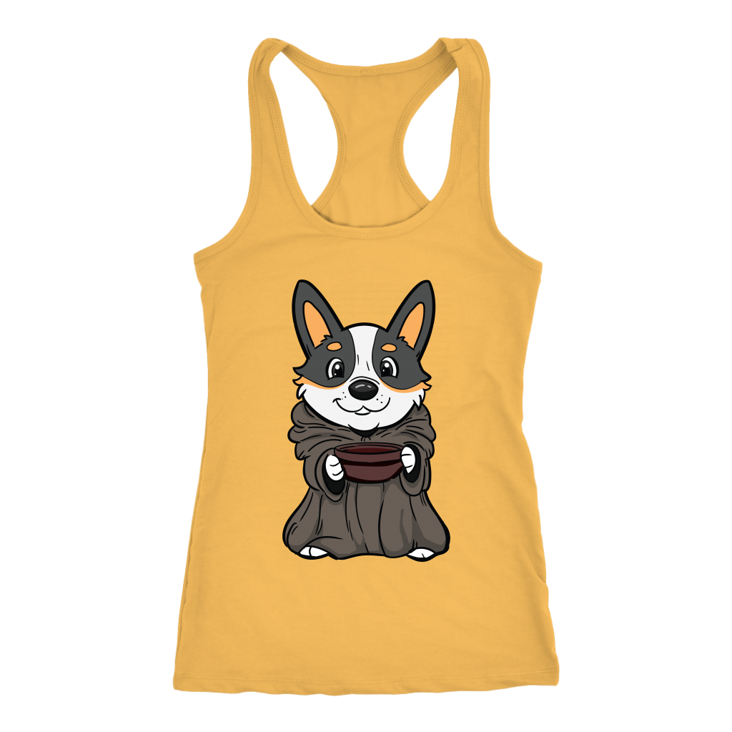 A racerback tank top with a picture of a corgi dressed as baby yoda. The tank is yellow. 