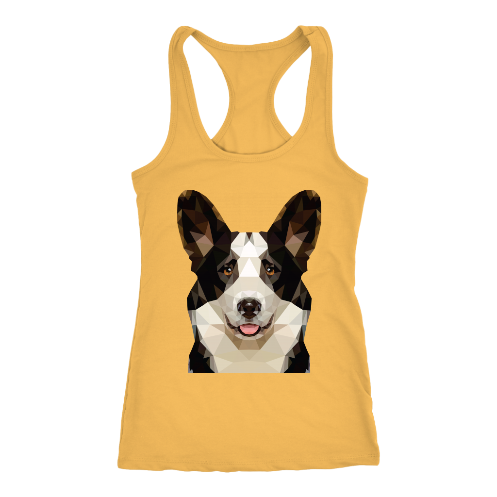 A racerback tank top with a cardigan corgi made of polygonal art. The tank is yellow.