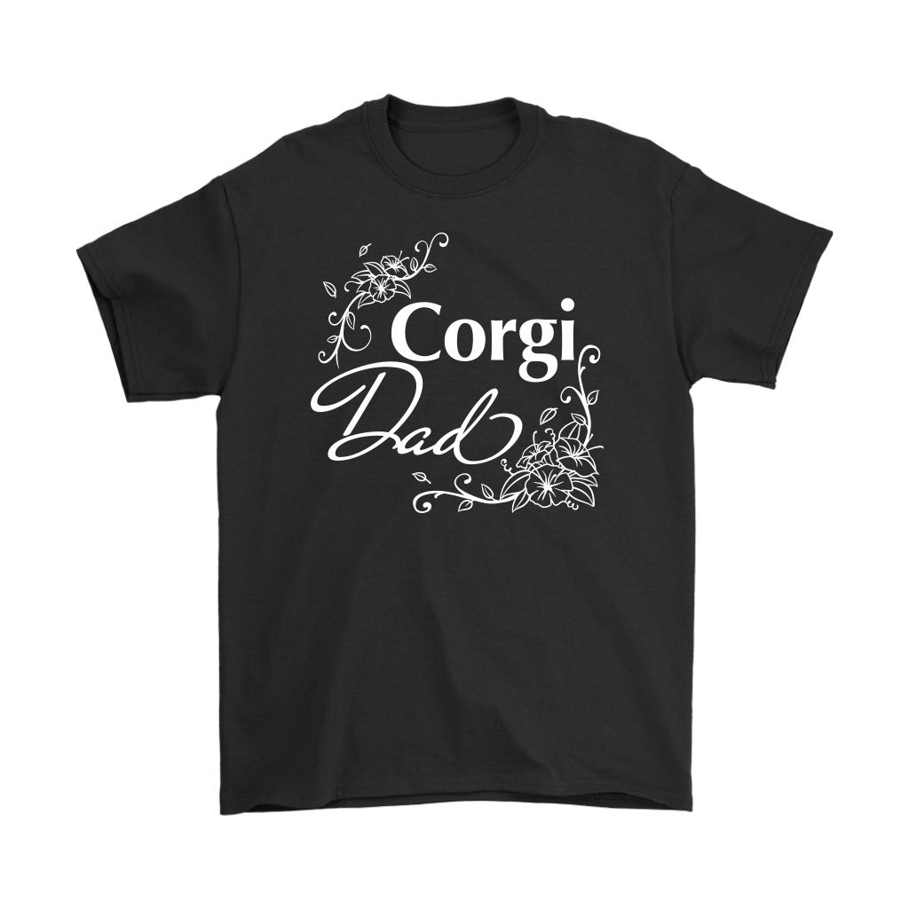 "Corgi Dad" shirt in black. The text has a flowery font.