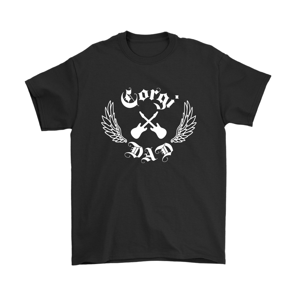 A black shirt with the text "Corgi Dad" in a gothic style font with guitars and wings.