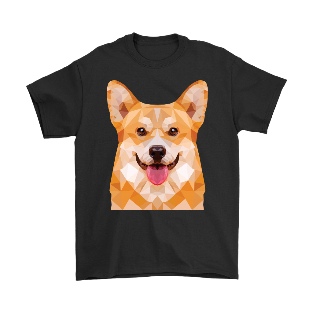 Polygonal fawn corgi face shirt, in black.