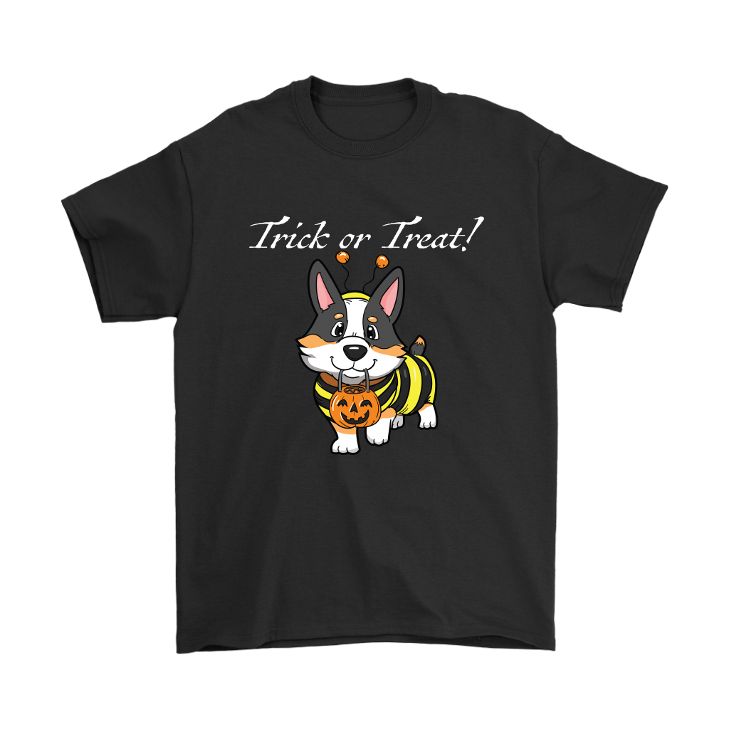 A t shirt with a tricolor corgi wearing a bumblebee costume. The text says "Trick or Treat" and the shirt is black.