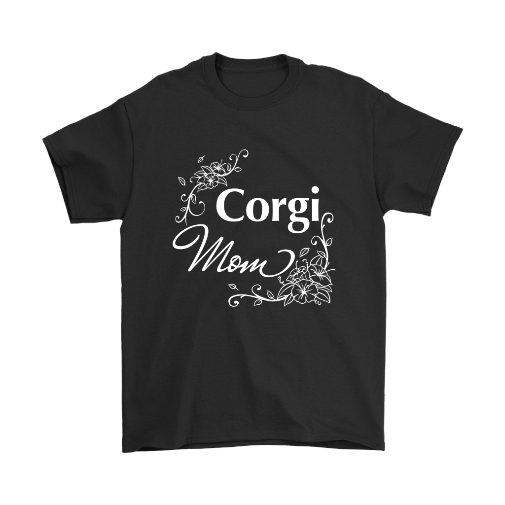 "Corgi Mom" shirt in black. The text has a flowery font.