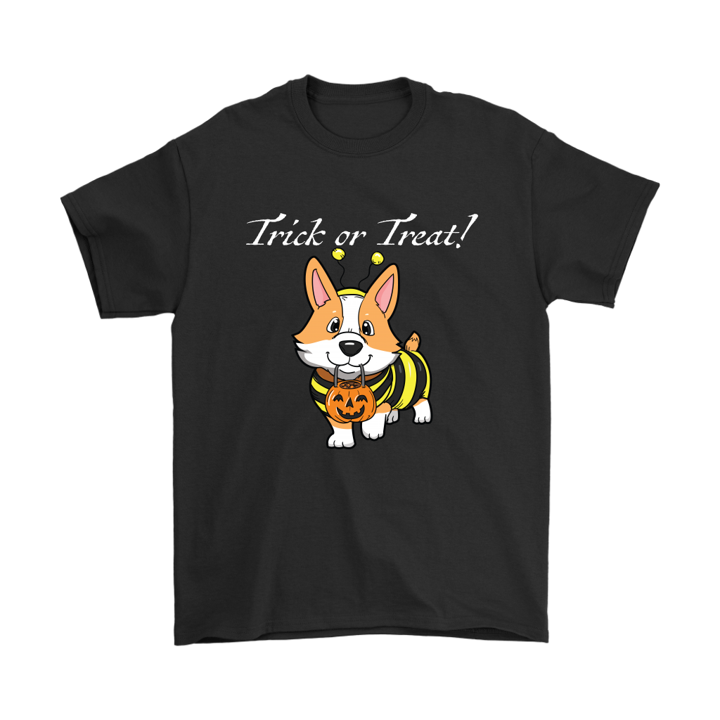 A shirt with a fawn corgi wearing a bumblebee costume with the text "Trick or Treat!". Shirt is black.