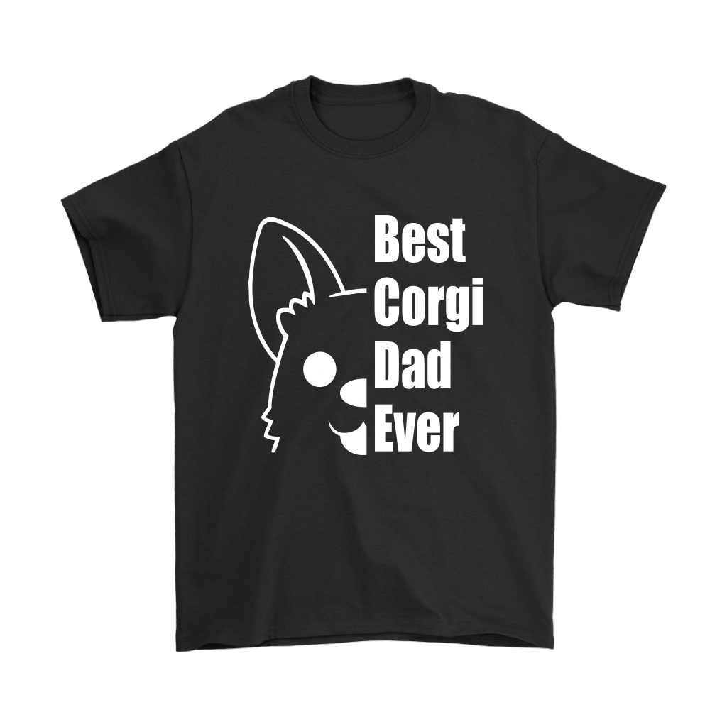 Black shirt with half of a corgi's face and the text "Best corgi dad ever"