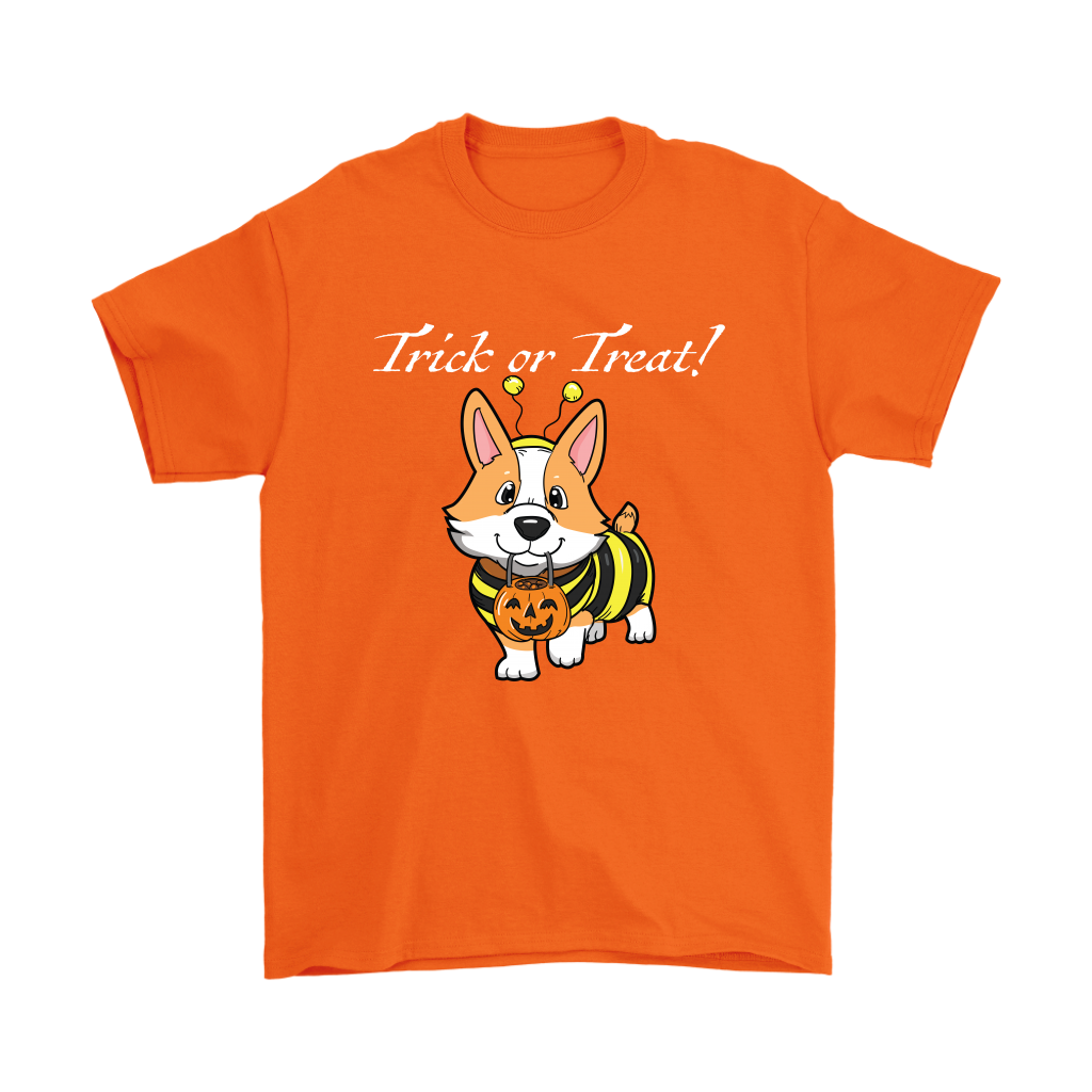 A shirt with a fawn corgi wearing a bumblebee costume with the text "Trick or Treat!". Shirt is orange.