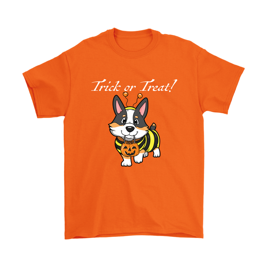 A t shirt with a tricolor corgi wearing a bumblebee costume. The text says "Trick or Treat" and the shirt is orange.