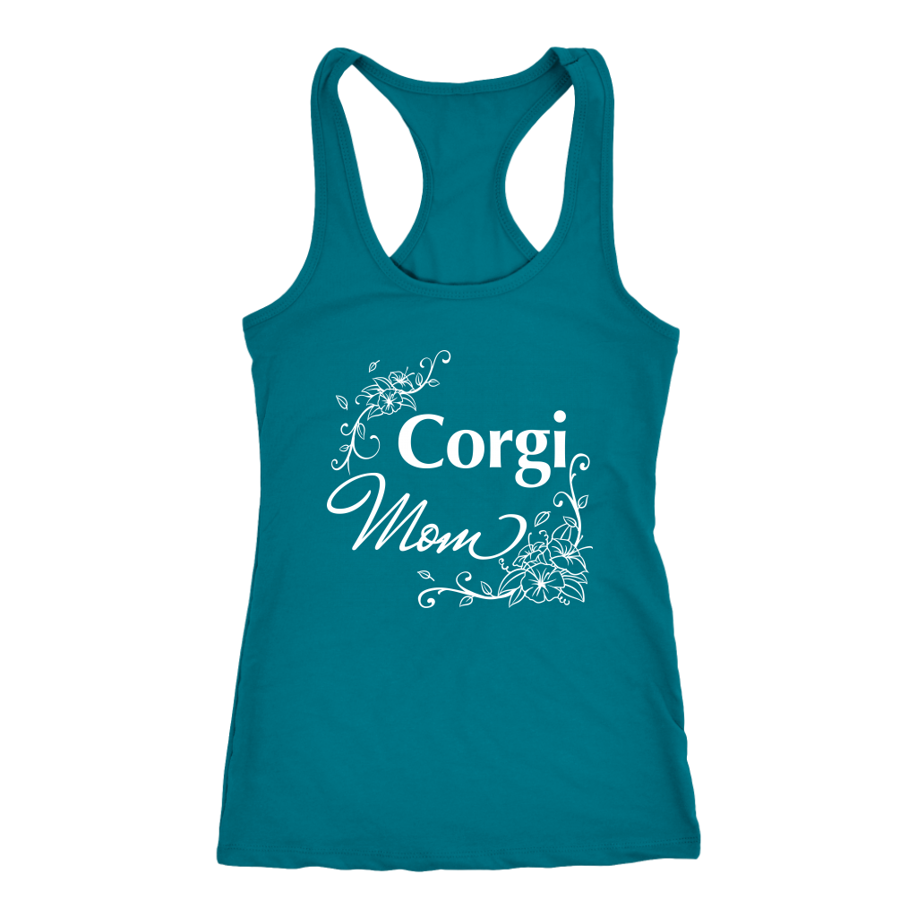 A racerback tank top with the text "Corgi Mom" in flowery text. The tank top is turquoise-colored.