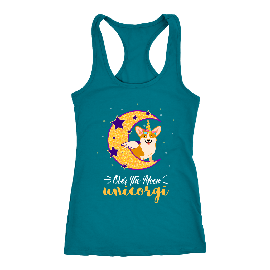 A tank top with a corgi dressed up as a unicorn with wings, sitting on the moon. The text says "over the moon Unicorgi". The tank top is turquoise.