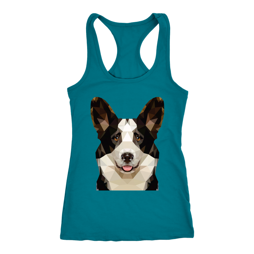 A racerback tank top with a cardigan corgi made of polygonal art. The tank is turquoise.